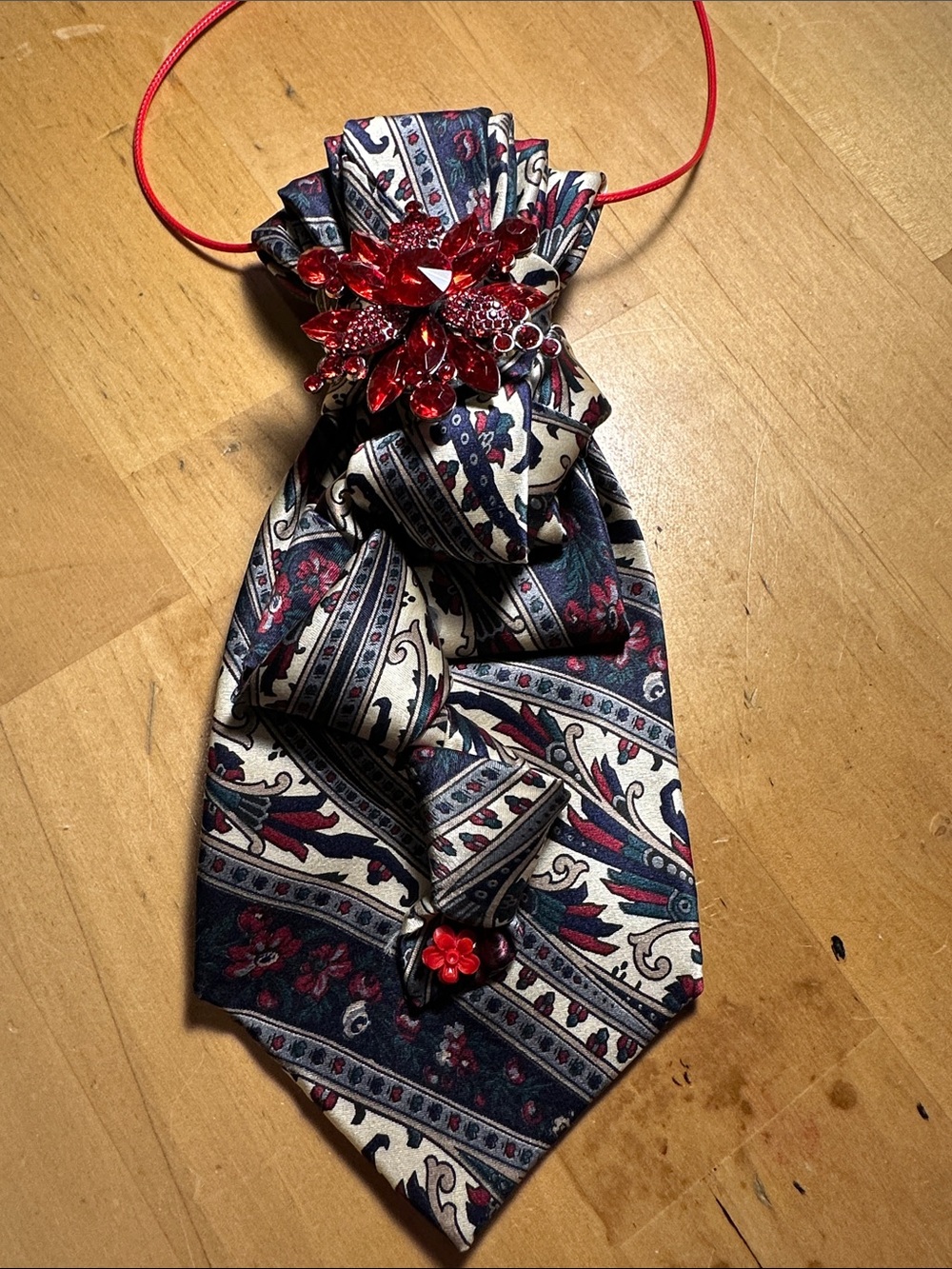 Pierre Cardin Paisley Necklace Tie with Red Crystal Brooch